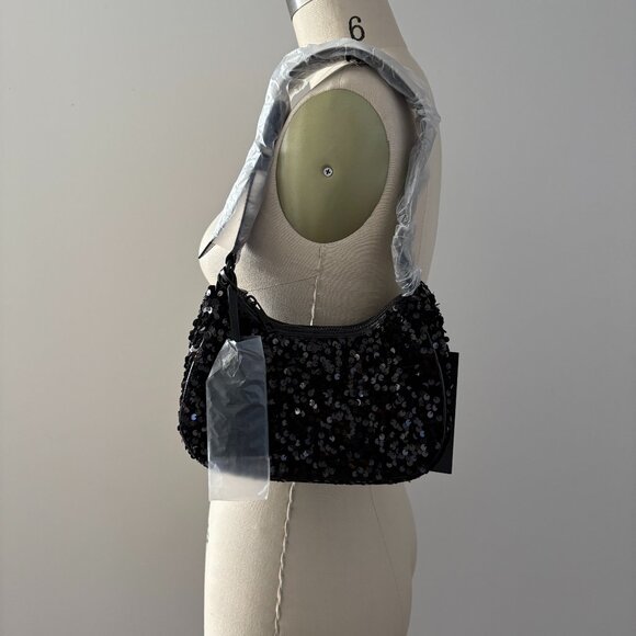 Nicole Miller Black Sequin Shoulder Bag Evening Party Sparkle Purse NWT - Picture 1 of 8